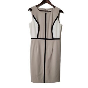 Calvin Klein Colorblock Scuba Sheath Dress Size 10 Tan White Sleeveless Womens
